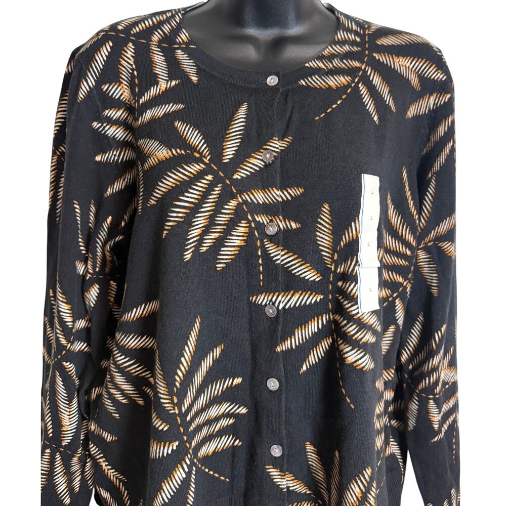 A.N.D A New Day Cardigan Women Size Large Black Tan Leaf Knit Crew Long Sleeve - Picture 2 of 9
